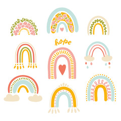 Vector illustration set, cute modern colourful rainbows on a white background, rainbow clip art
