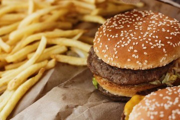 Beef burgers and French fries in the cafe