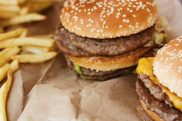 Beef burgers and French fries in the cafe