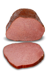 cooked chop with a cut piece. on white background. front view