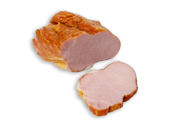 baked big chop with cut piece on a white background