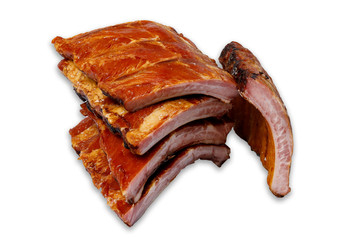 five smoked sliced ribs. side view on a white background