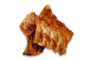 two pieces of large smoked ribs. top view on a white background