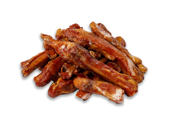 many smoked ribs stacked on top of each other. side view on a white background