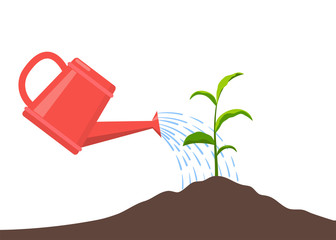 Young plant with watering can and water drops, Isolated On White. Vector flat illustration. © Alena