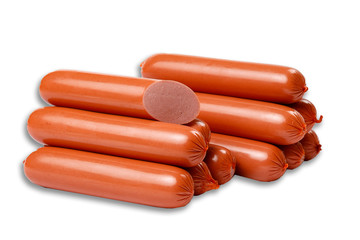 smoked sausages stacked on top of each other. one cut piece. side view on a white background