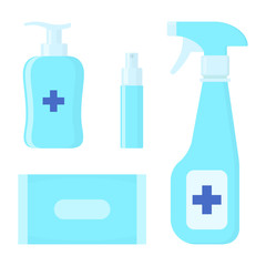 Set of various sanitizers. Bottles, washing gel, spray, wet wipes, liquid soap. Disinfection. Hygiene. Vector illustration in flat style.