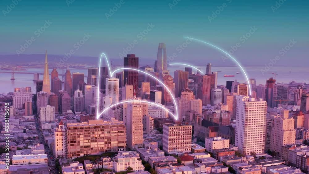 Poster big data connecting above a city downtown - 3d motion graphics animation - concept of iot communicat
