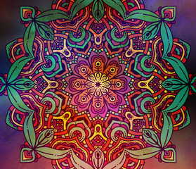 Mandala wallpaper, tracery round boho style. Ethnic ornament background. Folk, meditation design. Colored curved shape.
