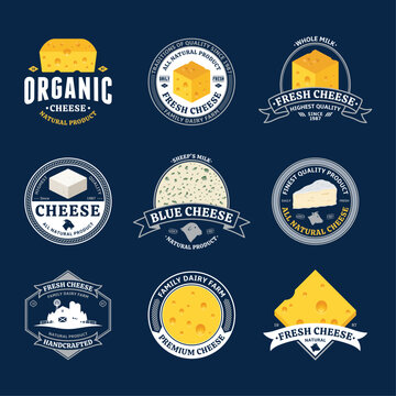 Set of cheese logo isolated on a blue background. Cheese and milk icons for groceries, dairies, packaging and branding