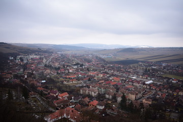Aerial landscape view of Sighisoara Transylvania Romania