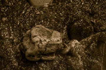 pebble stones on the sea beach, the rolling waves of the sea with foam