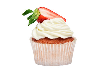 Cupcake with cream and strawberry on white background with cut out