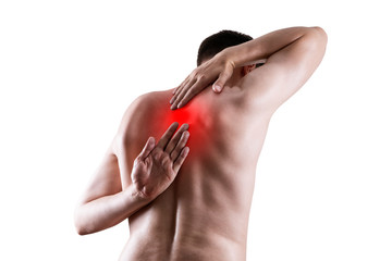 Pain between the shoulder blades, man suffering from backache isolated on white background