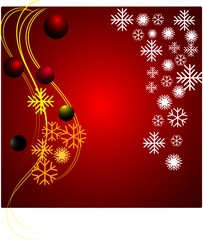 Christmas bright background composed of snowflakes spirals and decorative balls in bright red shades. Festival symbol. Celebration icon.
