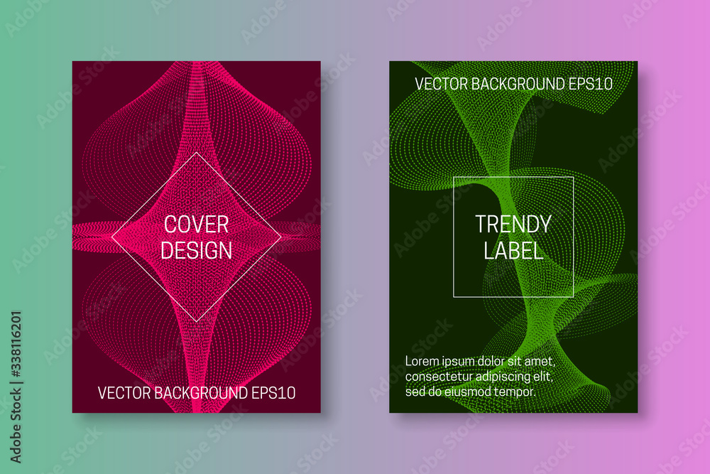 Poster сover templates with dynamic abstraction of dots and lines. pink and green monochrome futuristic bro