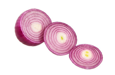 Red onion slices rings isolated.