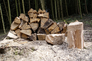 Chop and stack firewood for collection in the Black Forest
