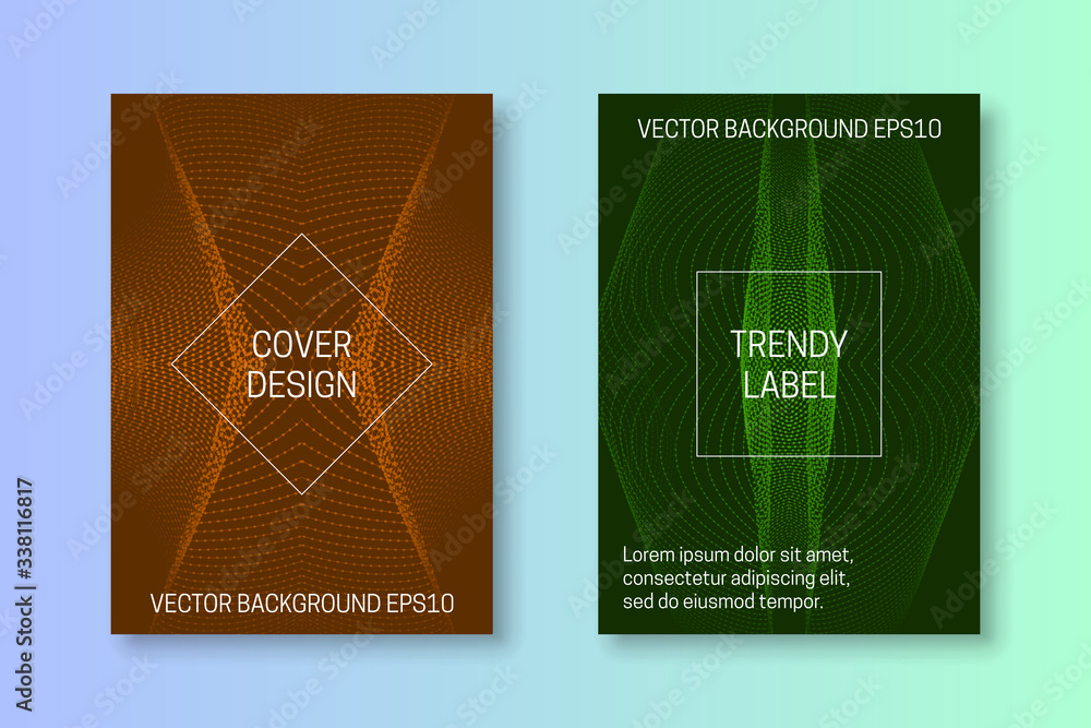 Poster сover templates with symmetric pulsating of dots and lines. orange and green monochrome futuristic b