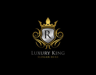 Luxury Shield R Letter Gold Logo, Golden R Classic Protection Symbol