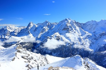 View of Eiger, Mönch and Jungfrau from Schilthorn. Bernese Alps of Switzerland, Europe.