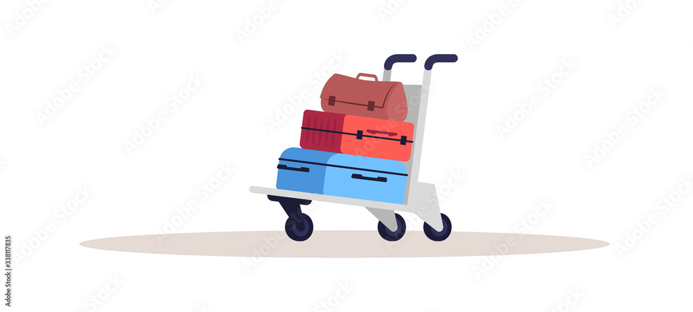 Poster baggage on cart semi flat rgb color vector illustration. colorful luggage pile on trolley. airport s