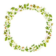 Empty frame with leaves hand drawn illustration.  Spring watercolor drawing. Cartoon green cliparts on white background. Blank frame with garden compositionisolated on white background
