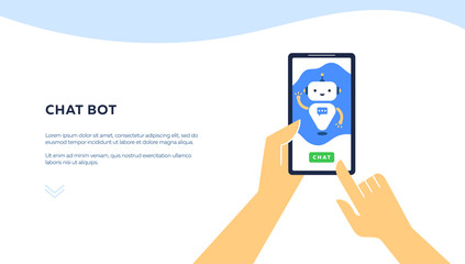 Vector artificial intelligence concept, chatbot illustration, hands holding smartphone device with virtual assistant app, landing page template