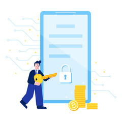 Vector Smart Contract concept illustration, man holding key to sign electronic document securely