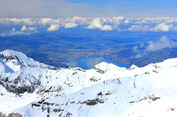 View of Lake Thun from Schilthorn. Bernese Alps of Switzerland, Europe.