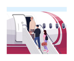 Boarding airplane semi flat vector illustration. People go on ladder to plane. International transit. Airline transportation. Aeroplane passengers 2D cartoon characters for commercial use