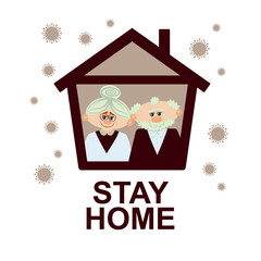 Stay home. Elderly couple sitting home during the quarantine or self-isolation. Health care concept. Global viral epidemic or pandemic. Fears of getting coronavirus. Flat vector illustration