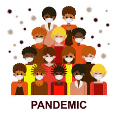 Novel Chinese coronavirus 2019 nCoV. Group of people in white medical face masks to prevent disease. Vector illustration