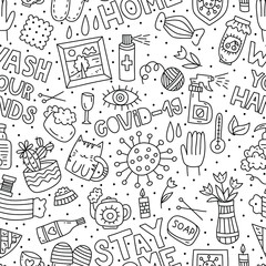 Coronavirus. Seamless pattern with doodle illustrations and lettering