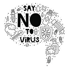 Say NO to virus. Doodle illustrations with lettering in speach bubble shape