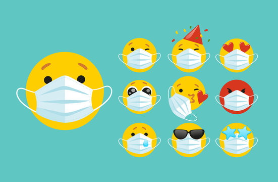 Set of emoji with a medical mask on the face. Different round yellow emoticons protect against the spread of coronavirus. Set of emojis for social networks, self-isolation. Flat vector illustration