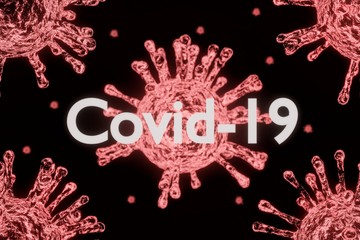 Text of Covid 19 with 3D red virus models on black background.