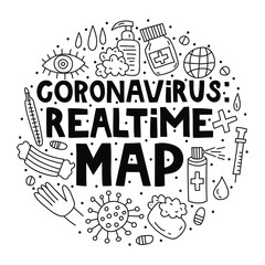 Coronavirus Realtime Map. Doodle illustration with lettering in circle shape