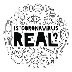 Is coronavirus real? Doodle illustration with lettering in circle shape