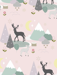seamless pattern with clouds and deers.