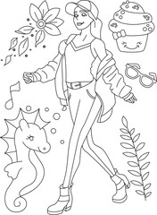 Doodle outline vector illustration Of fashion girl with a lot of elements.  Cute  coloring doodle. Black and white line art.  Coloring page for children. Simple line art.  Girls coloring pages. 