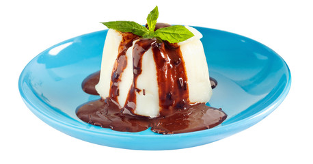Cream pudding with chocolate sauce and mint