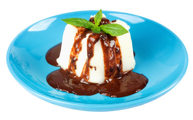 Cream pudding with chocolate sauce and mint