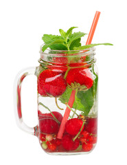 Fresh cool drink of ripe juicy cherry, strawberry, currant and gooseberry berries