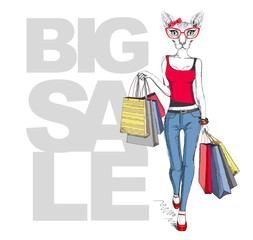 Retro Hipster animal sphynx cat. Big sale hipster poster with woman model