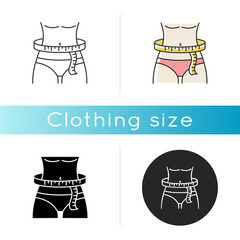 Waist circumference icon. Linear black and RGB color styles. Tailor measurements, slimming. Woman waistline width specification for bespoke female clothing. Isolated vector illustrations