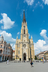 Novi Sad, Serbia July 31, 2019: Catholic Cathedral of the virgin Mary at the Central square of the city Novi Sad in Serbia. Freedom Square (serbian: Trg slobode) is the main square in Novi Sad.