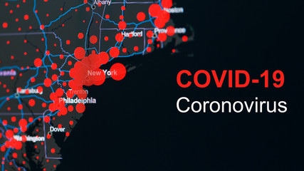 The coronavirus pandemic with the word COVID-19 on the global map of the United States with red dots of infection centers.