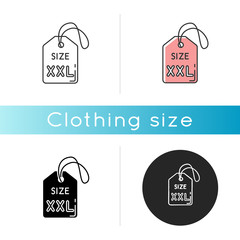 XXL size label icon. Linear black and RGB color styles. Garments parameters specification. Clothing tag with XXL letters for plus size or overweight people. Isolated vector illustrations