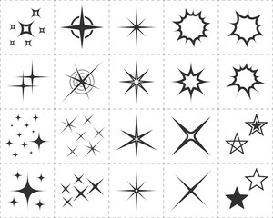 Sparkles icons. Small vector stars of various shapes and sizes. Symbol of surprise, quick flash or shining. Black icons isolated on white background.  Graphic effect of explosion, sparking or firework